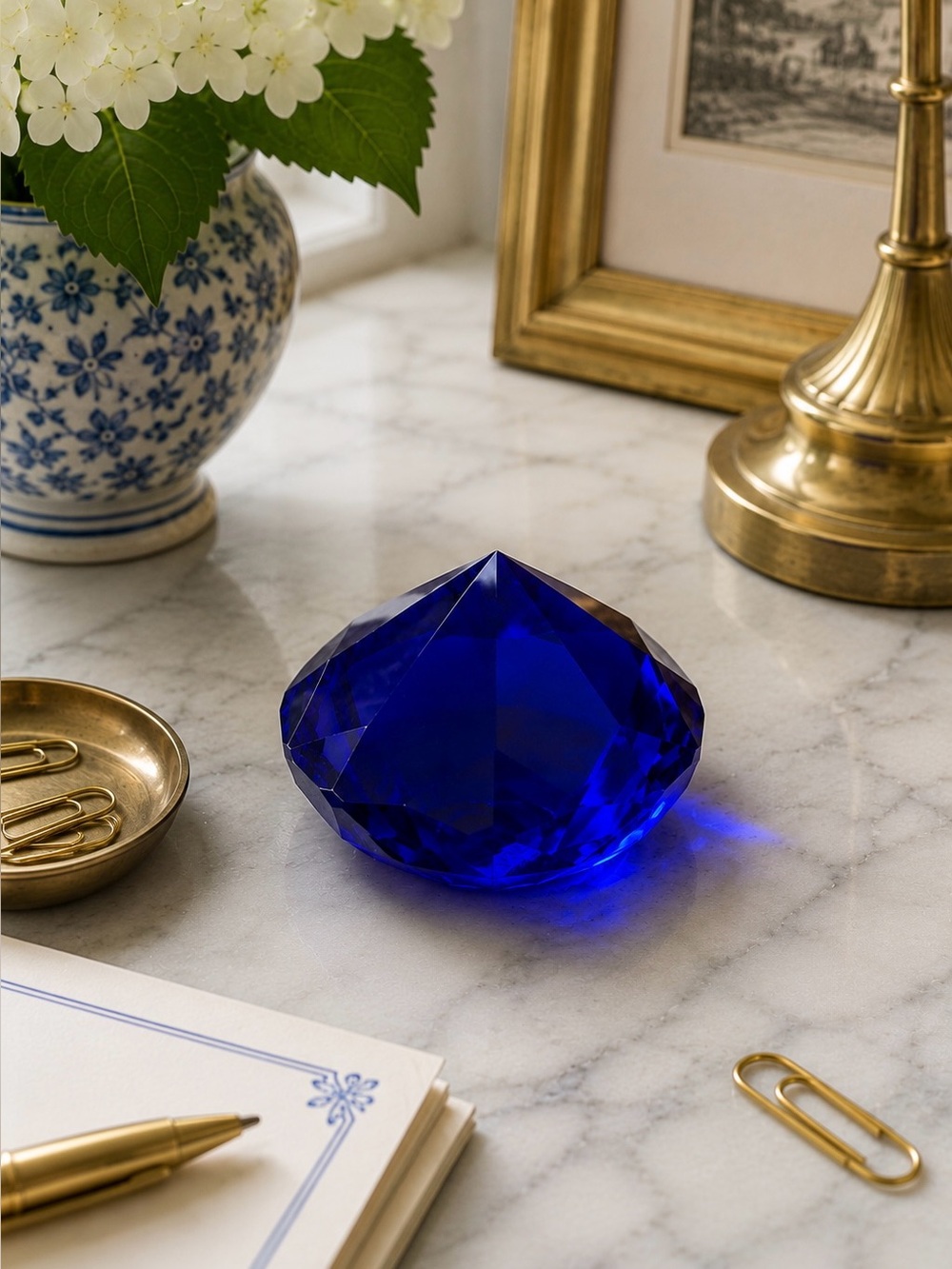 Vintage Cobalt Blue Glass Diamond Gem Paperweight 3” Faceted Crystal
